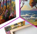 Coastal Trees, Ocean View, Beach Path, Vibrant Foliage, Framed Canvas Print, beach house decor, nature wall art, coastal living room style