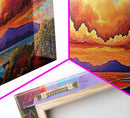 Sunset Waves, Vibrant Clouds, Mountain Sea View, Framed Canvas Print, Colorful Seascape Art, Moody Bedroom Decor, Ocean Landscape