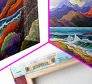 Colorful Mountains, Ocean Road, Vibrant Sunset, Framed Canvas Print, Scenic Nature Wall Art, Coastal Living Room Decor, Bold Art