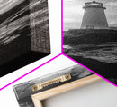 Coastal Beacon, Nautical Light, Ocean Landscape, Sunset Sky, Lighthouse Photography Framed Canvas Print, Living Room Nautical Wall Art