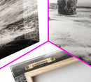 Crashing Surf, Tall Sea Stack, Rugged Coast, Framed Canvas Print, Moody Ocean Wall Art, Bathroom Decor, Black and White Seascape