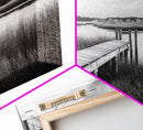 Marsh Dock Scene, Tranquil Water Landscape, Rustic Pier Canvas Print, Black and White Nature, Entryway Art, Coastal Country Home Decor