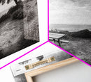 Picnic Table View, Coastal Meadow Scene, Tree and Cliff Horizon, Framed Canvas Print, Relaxing Kitchen or Outdoor Patio Wall Art