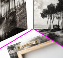 Tree Silhouettes, Coastal Pines Sunset, Nature Path Scene, Framed Canvas Print, Autumn Living Room or Rustic Cabin Wall Decor