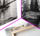 Lake Island, Pine Trees, Nature Panorama, Black and White Wilderness, Framed Canvas Print, Office Wall Art, Outdoor Inspired Decor