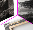 Tree On Cliffs, Foggy Coastline, Monochrome Coastal View, Moody Nature Scene, Framed Canvas Print, Bedroom Wall Art, Earthy Minimalist Decor