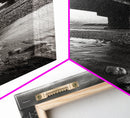 Stormy Bridge, River Rocks, Dramatic Sky, Modern Landscape, Framed Canvas Print, Moody Photography, Office Wall Art, Minimalist Decor