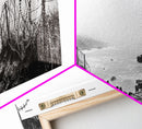 Barbed Coast, Foggy Beach, War Fence, Ocean Boundary, Framed Canvas Print, Industrial Wall Art, Living Room Decor, Black and White Art
