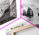 Rocky Coastline Mist, Ocean Cliffs, Foggy Seascape, Moody Decor, Canvas Print, Coastal Wall Art, Nature Photography, Living Room Decor