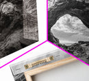 Rock Arch Landscape, Desert Formations, Dramatic Sky, Framed Canvas Print, Living Room Wall Art, Nature Inspired Decor, Monochrome Vibe
