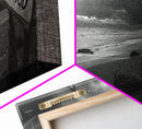 Stormy Beach, Weathered Sign, Moody Ocean, Black and White Photography, Framed Canvas Print, Coastal Gothic Wall Art, Autumn Decor
