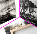 Windswept Pines, Stormy Sea, Moody Coastal Scene, Framed Canvas Print, Rustic Nature Decor, Bedroom Wall Art, Autumn Vibes