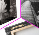 Water Lily, Peaceful Pond, Wooden Dock, Framed Canvas Print, Zen Wall Art, Meditation Room Decor, Black and White Nature Art