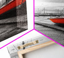 Vibrant Boat, Dockside Scene, Nautical Decor, Color Accent, Framed Canvas Print, Black and White Photography, Coastal Wall Art, Bathroom Art
