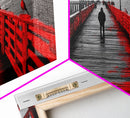 Pier, Red Railings, Fog, Lonely walk down a vivid red pier into the mist in this Framed Canvas Print, Coastal Decor, Minimalist Wall Art