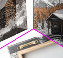 Snowy Cabin, Winter Landscape, Mountain Lodge, Rustic Retreat, Framed Canvas Print, Cozy Wall Art, Cabin Living, Holiday Decor
