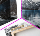 Tranquil Lake, Mountain View, Nature Calm, Winter Reflections, Framed Canvas Print, Living Room Wall Art, Serene Landscape Photography