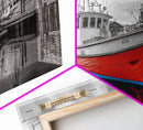 Red Boat, Dock Reflections, Moody Sky, Harbor Life, Framed Canvas Print, Nautical Wall Decor, Coastal Art, Living Room Art, Maritime Style
