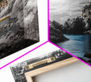 Hidden Cove, Blue Waters, Rugged Coast, Rocky Escape, Canvas Print, Nature Wall Art, Minimalist Seascape, Monochrome Landscape