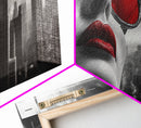 Red Lips, Urban Glam, High Fashion, City Vibes – Framed Canvas Print, Modern Pop Art, Living Room Wall Art, Bold Aesthetic, Edgy Decor