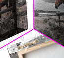 Rustic Horse, Country Fence, Western Scene, Moody Skies – Framed Canvas Print, Farmhouse Wall Art, Autumn Decor, Cabin Living, Cowboy Vibe