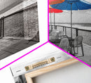Ocean Café, Coastal Dining, Bright Umbrellas, Seaside View, Framed Canvas Print, Kitchen Wall Art, Beachfront Vibe, Color Pop Style