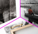 Solitary Canoe, Peaceful Waters, Cloudy Sky, Red Shirt, Framed Canvas Print, Nature Explorer Gift, Cabin Wall Art, Rustic Fall Scene