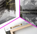 Serene Lake, Snowy Peaks, Forest Reflection, Canvas Print, Nature Photography, Modern Living Room Art, Black White Green Decor