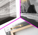 Coastal Cliff View, Monochrome Shore, Bold Nature Scene, Framed Canvas Print, Beach Wall Art, Dramatic Landscape, Modern Office Decor