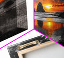 Sunset Beach, Fiery Sky, Ocean Glow, Moody Seascape, Framed Canvas Print coastal living room wall art, dramatic sunset photography
