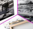 Snowy Mountain, Winter Landscape, Reflection Lake, Canvas Print, Black and White Nature Art, Cabin Wall Art, Adventure Photography