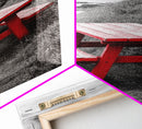 Red Picnic Bench, Ocean View Path, Seaside Escape, Vibrant Accent, Framed Canvas Print, Beach House Wall Art, Modern Coastal Decor