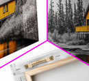 Yellow Cabin, Forest River View, Wilderness Retreat, Framed Canvas Print, Rustic Wall Art, Lodge Decor, Cozy Nature Landscape Style