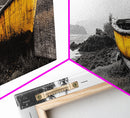 Yellow Rowboat Scene, Misty Coastal Landscape, Abandoned Boat Art, Framed Canvas Print, Rustic Nautical, Office Wall Art