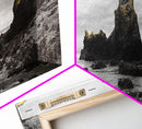 Sea Stacks, Rocky Shore, Golden Moss, Framed Canvas Print, coastal wall art, moody ocean print, beach house decor, nature photography