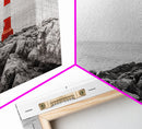Rocky Shore, Coastal Guide, Red Lighthouse, Ocean Cliff Scene, Framed Canvas Print, Nautical Wall Decor, Bathroom Wall Art, Minimalist Art