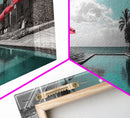 Poolside Escape, Beach Umbrellas, Luxury Retreat, Modern Resort, Framed Canvas Print, Vacation Vibes, Coastal Living, Bedroom Wall Art