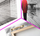 Red Jacket Walk, Rainy Boardwalk Scene, Urban Solitude, Moody Landscape Photography, Canvas Print, Entryway Wall Art, Minimalist Decor