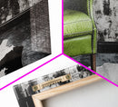 Green Leather Chair, Industrial Urban Scene, Chic Lounge Interior, Framed Canvas Print, Modern Wall Art, Man Cave Office Decor