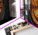 Bank Vault, Futuristic Glow, Industrial Design, Gold Tones, Framed Canvas Print, Office Wall Art, Cyberpunk Decor, Grunge Decor