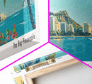 Honolulu Hawaii Panoramic Painting, Mid Century Modern Framed Canvas Print, Retro Pop Art Travel Poster, Home Wall Decor