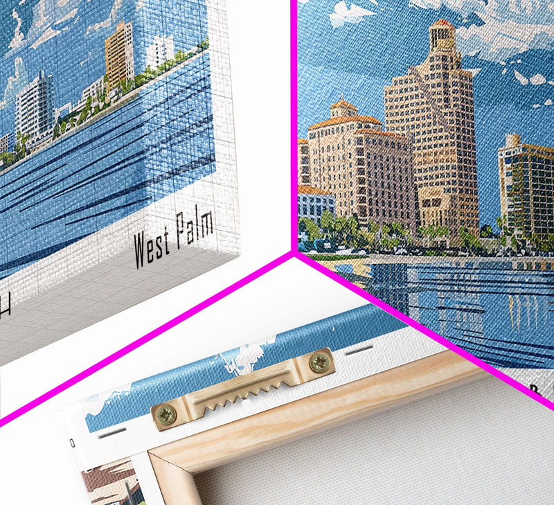 West Palm Beach Florida Panoramic Wall Art, Mid Century Modern Framed Canvas Print, Retro Pop Art Travel Poster, City Art, Home Decoration