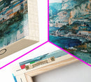 Salerno Italy Travel Poster Framed Canvas Print, Watercolor Painting, Coastal Wall Art, Home Decor, Italian Seaside, Modern Art