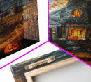 Spooky Windmill with Pumpkins Framed Canvas Print, Wall Art, Halloween Home Decor, Haunted Windmill Painting, Eerie Artwork, Halloween