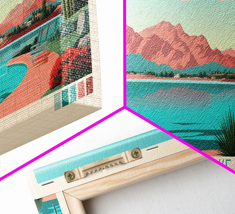 Alamo Lake Arizona Framed Canvas Print, Panoramic Travel Poster, Midcentury Modern Wall Art, Pop Art, Scenic Bedroom Art