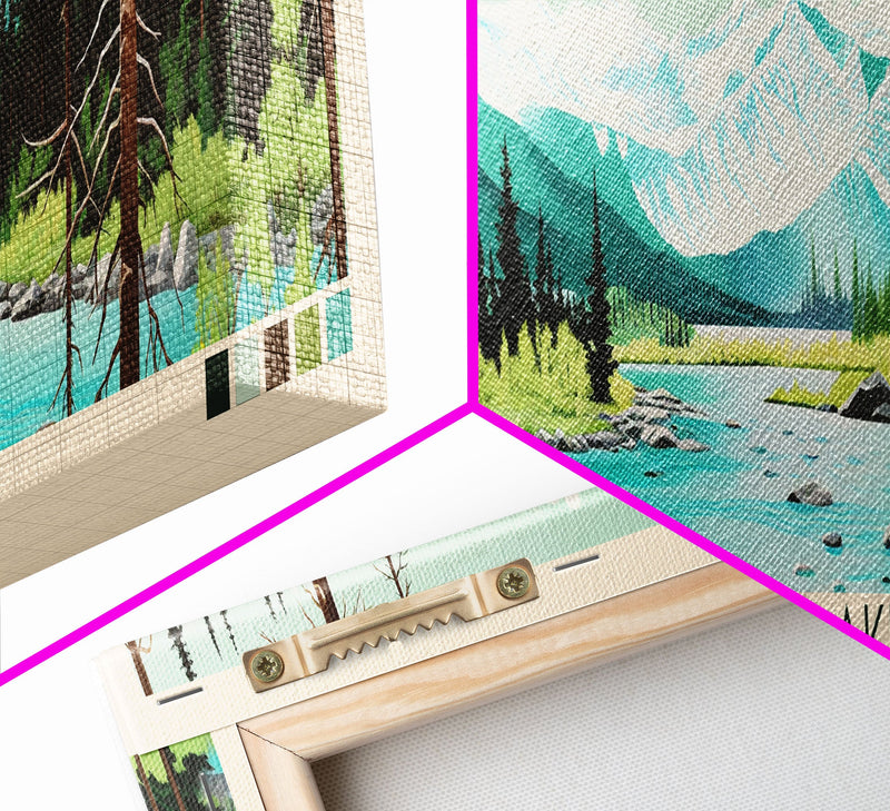 Avalanche Lake Montana Framed Canvas Print, Panoramic Wall Art, Midcentury Modern, Pop Art, Travel Poster, Scenic Living Room Art