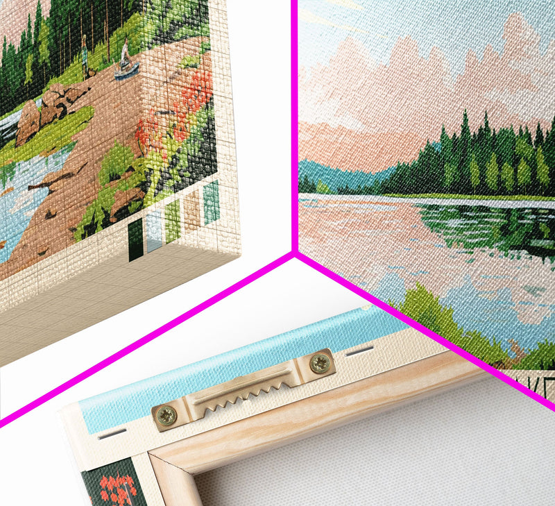 Bowdish Lake Rhode Island Framed Canvas Print, Panoramic Travel Poster, Midcentury Modern Wall Art, Pop Art, Nature Bedroom Decor, Scenic Lake House Art