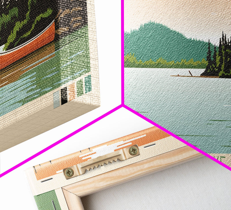 Canoe Lake Saskatchewan Framed Canvas Print, Midcentury Modern Panoramic Wall Art, Living Room Decor, Pop Art, Travel Poster Art, Scenic Nature Painting