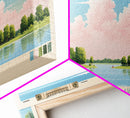 Coralville Lake Iowa Framed Canvas Print, Midcentury Modern Panoramic Wall Art, Living Room Decor, Pop Art, Travel Poster Art, Scenic Nature Painting, Lake House Decor