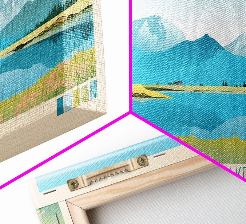 Wallowa Lake, Oregon Framed Canvas Print, Panoramic Lake House Art, Midcentury Modern Decor, Pop Art, Travel Poster, Living Room Wall Art